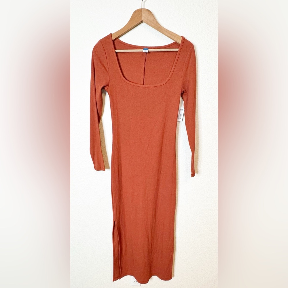 Old Navy Orange Ribbed Square Neck Long Sleeves Midi Dress Size Small NWT - Picture 2 of 7